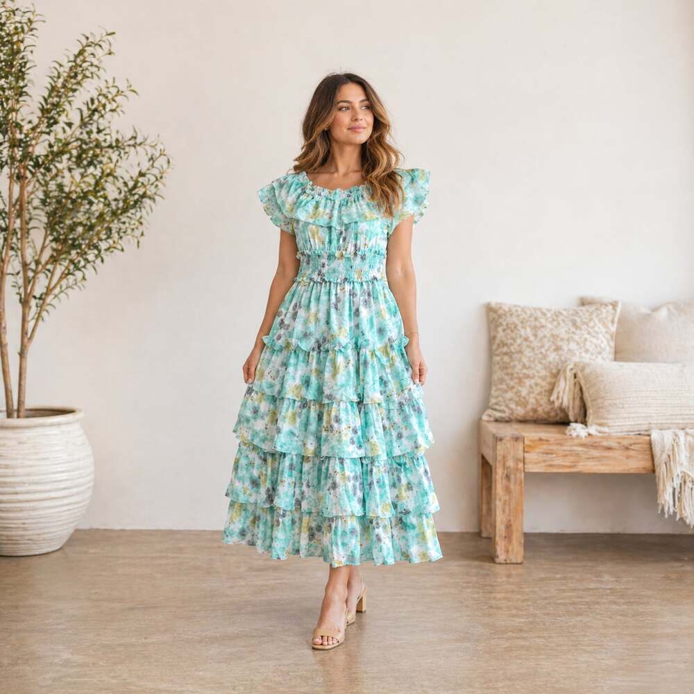 Teal Mint Floral Tiered Ruffle Maxi Dress Small Boho Cottagecore